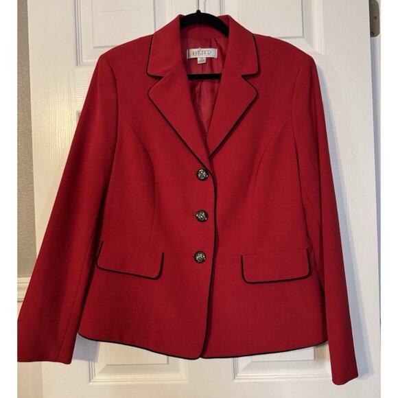 Kasper Suit Jacket Blazer 14 Red Black Trim Classic 3 Button Stretch - Picture 6 of 12